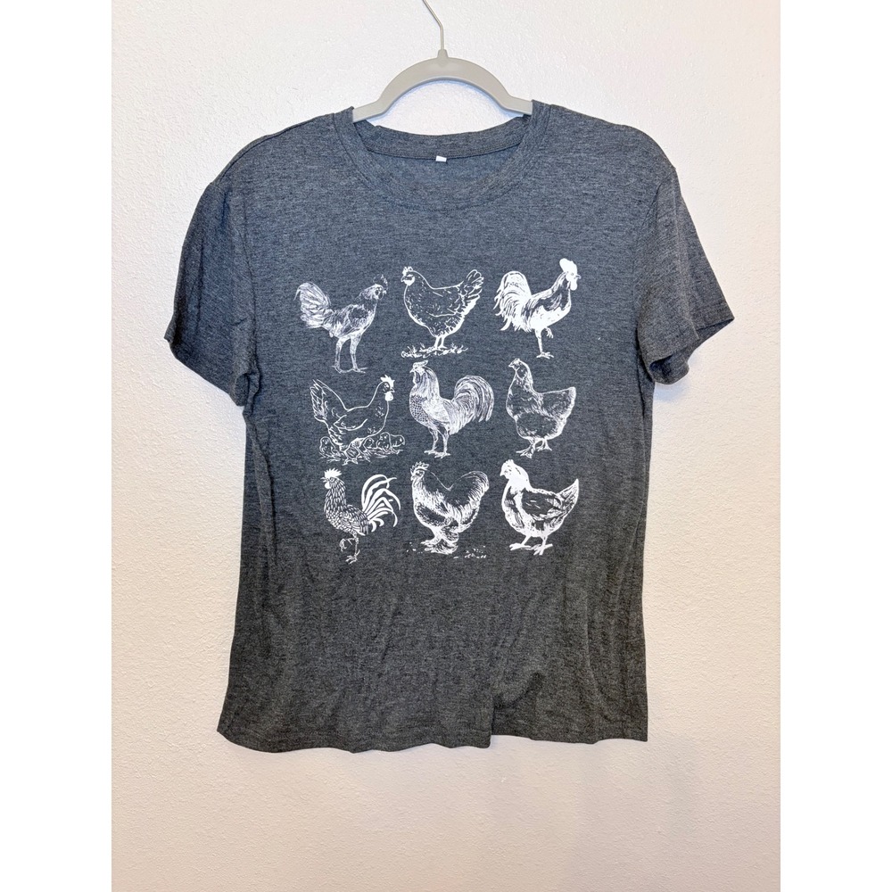 Womens Gray Chicken Rooster Graphic T-Shirt Farmhouse Short Sleeve Tee L